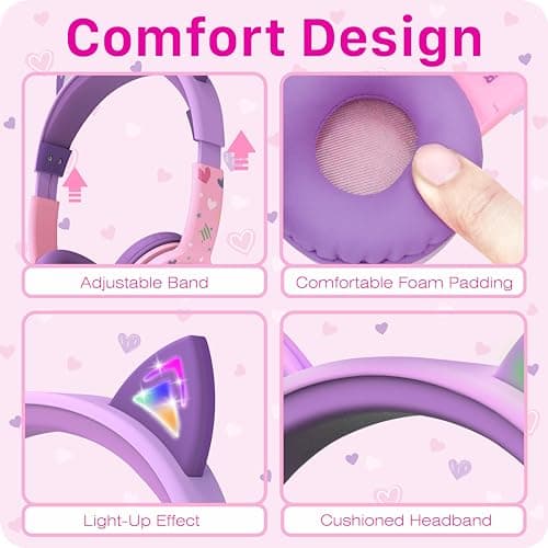 FosPower Kids Headphones with LED Cat Ears (85dB Safe Volume Limit), 3.5mm Soft On-Ear Wired Headphones with Tangle-Free Laced Cables for iPad/Tablet/School/Travel - Baby Pink/Lavender view 2