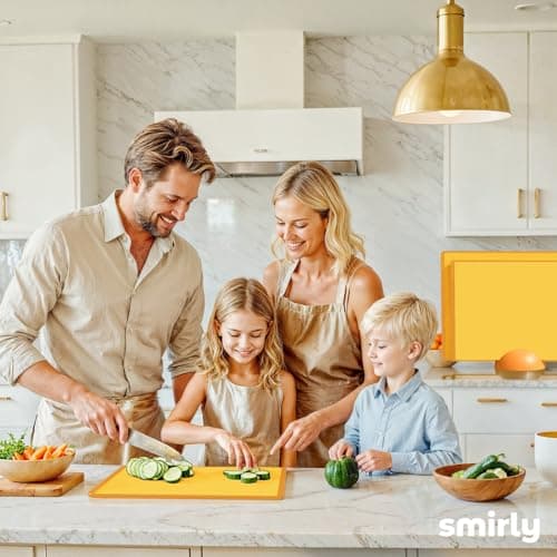 SMIRLY Plastic Cutting Board Set with Holder 3 Pieces, Non-Slip Dishwasher Safe Chopping Boards for Kitchen, Yellow view 2