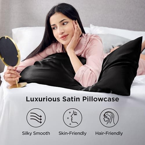 Bedsure King Size Satin Pillowcase Set of 2 - Black Silky Pillow Cases for Hair and Skin with Envelope Closure, Similar to Silk Pillow Cases, Gifts for Women Men, 20x36 Inches, 2pcs view 3