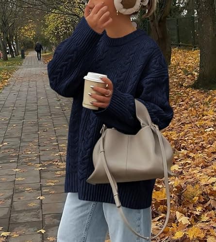 Okiwam Women's Oversized Sweaters Crewneck Cable Knit Pullover Casual Loose Fall Outfits Spring Fashion Clothes 2026 view 2