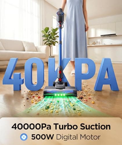 Slivamo S10 Cordless Vacuum Cleaner, 40KPA/500W/45Mins, LED Display, 8-in-1 Lightweight Stick Vacuum Cleaners for Home with Green LED Light, 6-Stages Filtration, Self-Standing Design, Blue view 3