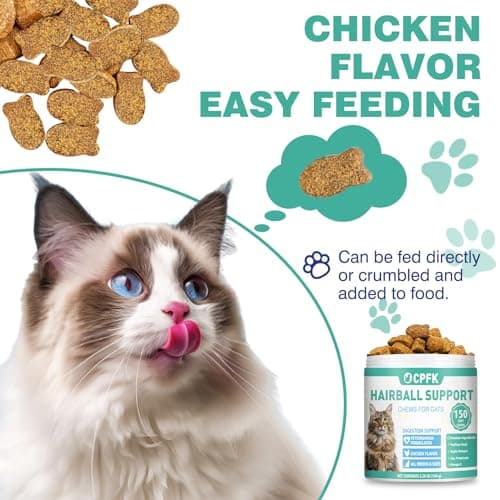 CPFK Cat Hairball Remedy Treats, 150 Soft Chews Cat Hair Ball Treatment Furball Control Relief Helps Eliminate and Prevent Hairballs for Indoor Cats Supports Skin and Coat Digestion Chicken Flavor view 5