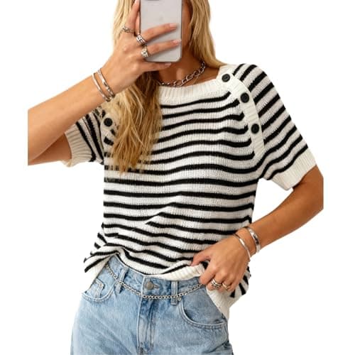 Women's Sweater Striped Pullover Crew Neck Knitted Sweater Vest Short Sleeve Tops 2026 Casual Spring Summer T-Shirt (Black Stripe, M)