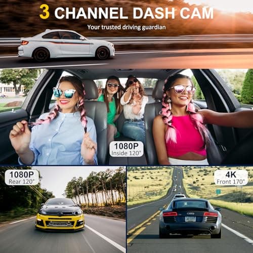 4K Dash Cam Front and Rear Inside,3.16" IPS,3 Channel Dash Cam for Car with 5G WiFi,Free 64GB Card,170° Wide Angle,Loop Recording,G-Sensor,WDR,Night Vision,Time-Lapse,24H Parking Monitor view 3