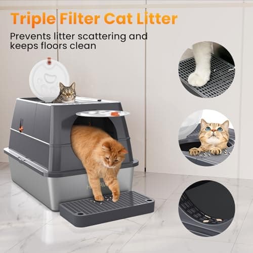 HAPAW 135° Flip-Top Stainless Steel Litter Box with Lid, Extra Large Enclosed Cat Litter Box, Metal Litter Pan with Front & Top Entry, Odor Control, Scoop & Filter Pedal view 6