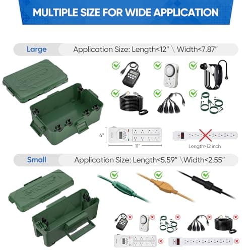 TICONN Outdoor Electrical Box, IP54 Splash-Proof Outdoor Extension Cord Cover, Protects Power Strip, Plug, Socket, Timer, Holiday Lights (Green, Large) (Pack of 2) view 3