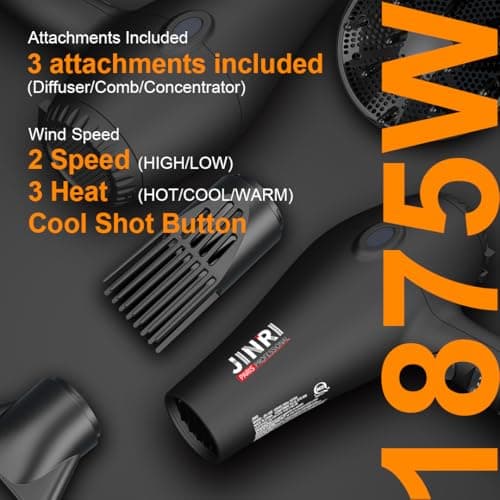 Blow Dryer - JINRI 1875W Diffuser Hair Dryer for Salon & Personal Use – Powerful, Fast Drying with Diffuser and Comb & Nozzle for Women & Men, ALCI Safety Plug, Black view 5