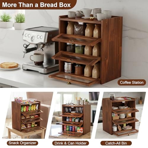 Bread Box for Kitchen Countertop, Bin 3 Layer Bread Storage Container, Wooden Breadbox Holder, Large Capacity Food Organizer, Vintage Multi-functional Container, Pantry Shelf with Acrylic Window view 5