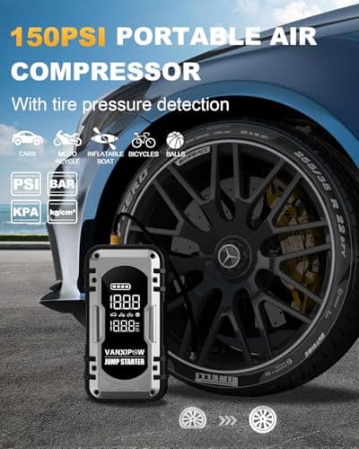 Portable Car Battery Jump Starter with Air Compressor, VANXIPOW 4500A 150PSI (9.0 L Gas/8.0L Diesel), 12V Jump Box Car Battery with 600 Lm LED Light, with Large LED Display, Power Bank view 3