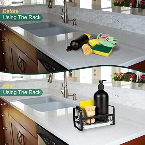 TEZZ Sponge Holder for Kitchen Sink- Stainless Steel Kitchen Sink Caddy for Organizing Sponge, Brush & Soap Dish Dispenser, coutertop Organizer Rack with Adhesive or Counter top, Black view 5