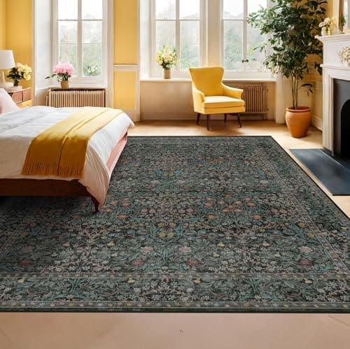 Vintage Dark Green Living Room Rug, 8x10 Washable Area Rugs for Dining Room Under Kitchen Table, Bedroom, Oriental Low Pile Stain Resistant Non-Slip Large Carpet (8x10 Dark Green) view 5