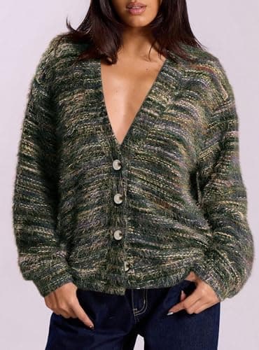 PRETTYGARDEN Womens Cardigan Sweaters Fall Fashion 2026 Striped Long Sleeve Button V Neck Knit Fuzzy Outerwear Winter Clothes view 4