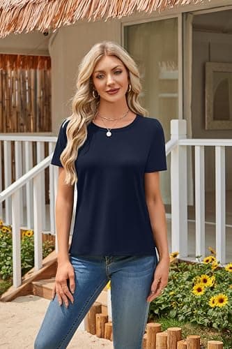 Herou Summer Women Casual Short Sleeve Tops T-Shirts Tees with Side Split view 2