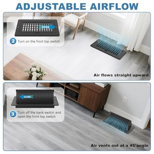 4x10 Floor Register with Vent Deflector, Adjustable Floor Vent Covers, Air Vent Deflector Includes Mounting Screws for Wall & Ceiling for Easy Install, 2 In 1 Vent Covers for Home Floor, Black, 2 Pack view 6