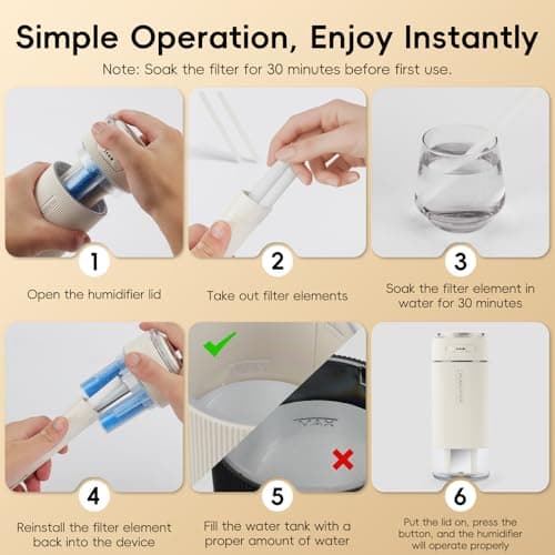 Portable Small Humidifiers for Travel, Mini Air Ultrasonic Humidifier with Filter Element - Cool Mist, Whisper Quiet, Nightlight, 350ML Tank, Car Modes, Perfect for Baby, Bedroom, Hotel, Desk, Plants view 4