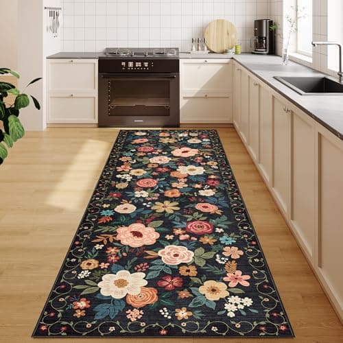DUKINO 2x6 Runner Rug for Hallway, Washable Kitchen Runner Rug with Non Slip Backing, Low Pile Soft Boho Floral Runner for Kitchen, Hallway, Entryway, Laundry, Bedroom, Black view 5