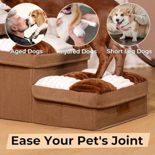 FUNNYFUZZY Dog Stairs for Small Dogs - 5 Steps Chessboard Plaid Handcrafted Dog Stairs with Storage - Multifunctional and Foldable, Brown view 5