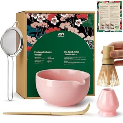 Matcha Whisk Set, Ceramic Bowl Matcha Kit & Handcrafted Bamboo Chasen, Complete 5 Pcs Matcha Set Whisk and Bowl, Stainless Steel Sifter, Bamboo Scoop & Holder for Matcha Lovers