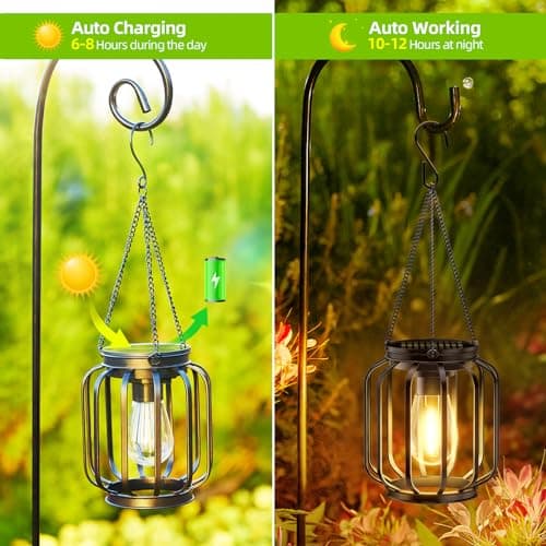 Solar Hanging Lanterns Outdoor Waterproof: 4 Pack Metal Solar-Powered Lights with Hook, Bright Warm Lantern Decor for Outside, Classic Outdoor Lighting for Yard Garden Patio Porch Balcony Decorations view 3