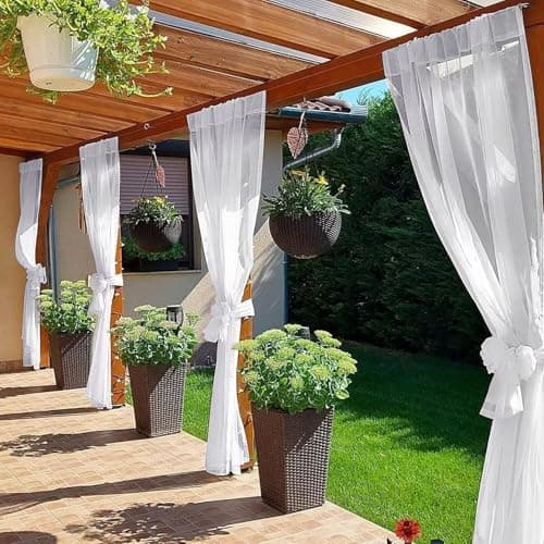 SpaceDresser Waterproof Outdoor Sheer Curtains for Patio - 4 Panels Rod Pocket Indoor Voile Sheer Curtain for Living Room,52W x 84L inch, White view 4