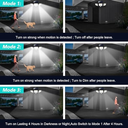 Tuffenough Solar Outdoor Lights 2500LM 210 LED Security Lights with Remote Control,3 Heads Motion Sensor Lights, IP65 Waterproof,270° Wide Angle Flood Wall Lights with 3 Modes(2 Packs) view 5