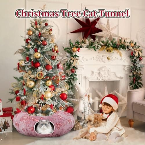 Cat Tunnel Christmas Tree Skirt, Cat Tunnel Bed, Cat Donut Tunnels Bed for Indoor Cats, with Washable Cushion, Hanging Toy Ball, Christmas Tree Protector & Decoration view 7