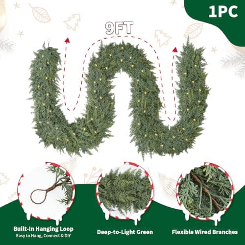9FT Christmas Garland with Lights, Extra Full Lighted Cedar Garland view 2