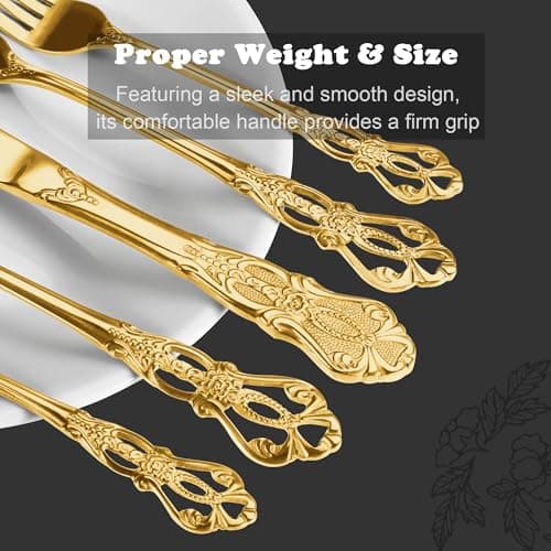 Runfly Gorgeous Retro Royal Gold Stainless Steel 20 Pieces Flatware Set, Golden Silverware Set, Anti-rust Stainless Steel Gold Cutlery Set Utensils Including Fork Spoon and Knife view 3