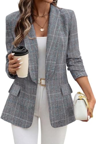 ELLEVEN Womens Casual Plaid Blazer Shawl Collar Long Sleeve Boyfriend Blazer Suit Houndstooth Plaid Blazer Dressy Coat Jacket Business Work Office Blazer Suits Black Blue Plaid Large