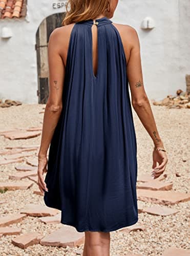 KIRUNDO Women's 2025 Summer Halter Neck Sleeveless Mini Dress Loose Tank Top Pleated Flowy Short Beach Sundresses view 5