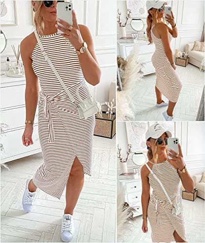NOLLSOM Women Casual Sleeveless Striped Tank Midi Dresses Halter Neck Ruched Bodycon Dresses Tie Waist T Shirt Summer Dress view 4