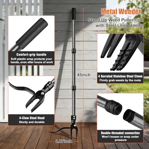 GOXAWEE Metal Stand Up Weed Puller Tool - 45" Garden Weeding Tool with Steel Long Handle & 4-Claw Steel Head - Effortlessly Remove Weeds Without Bending/Kneeling - All Steel Construction view 3