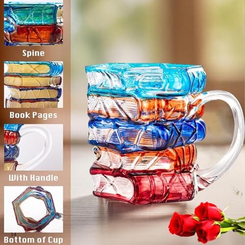 Handcrafted Glass Book Stack Coffee Mug, Colorful Stained Design,14oz, Unique Literary Gift for Readers (Large) view 6