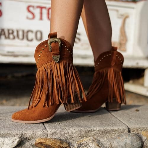 Hawkwell Women's Fringe Cowboy Cowgirl Boots Snip Toe Pull On Dress Western Ankle Booties view 3