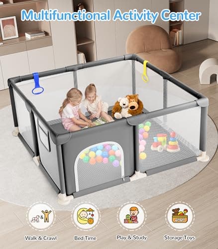 Dripex Baby Playpen, 47"x47" Small Playpen for Babies, Enhanced Safety Baby Play Yard for Indoor & Outdoor, Infant Play Pen with Soft Breathable Visible Mesh, Anti-Fall Design & Easy Setup, Grey view 5