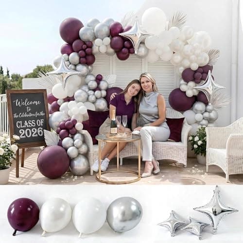 Double Stuffed Burgundy & Pearl White Balloon Arch Garland Kit, Dark Plum Purple Balloons with Silver Foil Stars for Mother's Day,Graduation,Wedding,Bridal,Baby Shower,Birthday Party view 3
