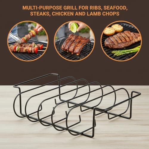 Zntezed Rib Rack for Smoking and Grilling - 12" Extra Long Stainless Steel BBQ Holder - Non-Stick Vertical Roasting Stand Compatible with Most Gas Charcoal Pellet Smokers - Holds 4 Full Racks view 6