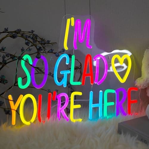 I'm So Glad You're Here Neon Sign, Letter Neon Signs for Wall Decor Dimmable Light up Sign, Classroom Wedding Kids Room Store Home Neon Decor 14.17 x 12.2 inch view 3