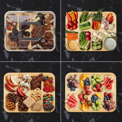 SpaceAid Charcuterie Board with Clear Lid, Portable Travel Cheese Cutting Boards for Picnic Accessories, Bamboo Serving Tray with Lids, House Warming Gifts, Black Handles, 8 Compartments view 5