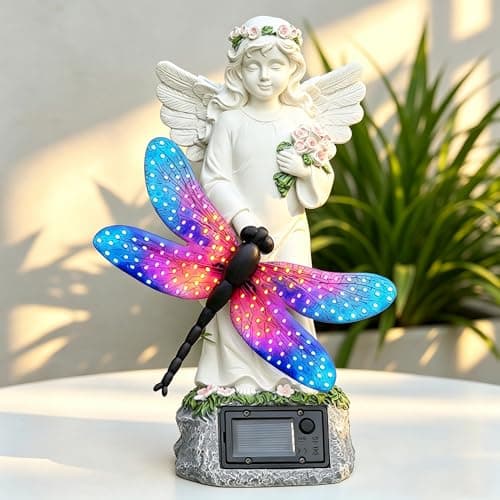 Starryfill Solar Angel Garden Statue with Color Changing Dragonfly Lights - 12 Inch Hand-Painted Resin Figurine, Auto Dusk-to-Dawn Waterproof Outdoor Decor for Patio, Yard, Lawn, Memorial Mother Gift view 1