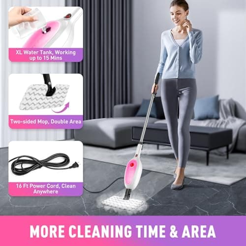 Steam Mop, Detachable Handheld Steam Cleaner with 10-in-1 Multipurpose Accessories, Two-sided Mop, Double Cleaning Area, Multi Surfaces Steamer for Wood Floor, Tile, Window, Clothes, Furniture & Grout view 6