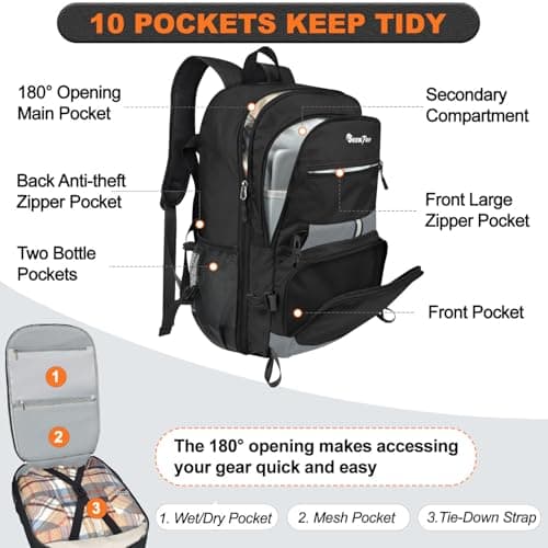 Seektop Lightweight Travel Backpack for Men Women, Multiple Pockets 40L Hiking Backpack Foldable Carry on Backpack for Outdoor Camping Sport Leisure (Black) view 2