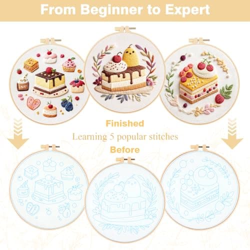RidaaFri Embroidery Kit for Beginners, 3PC Starter Set with Pre-Printed Cake & Fruit Patterns, Includes Hoop, Needles, Floss, Step-by-Step Guide, DIY Hand Embroidery Craft for Adults view 2