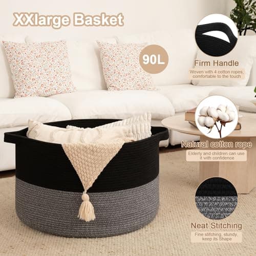 OIAHOMY 90L XXXLarge Blanket Basket for Living Room, 21.7" x 13.8" Woven Cotton Rope Laundry Basket for Organizing Pillows, Decorative Stuffed Animal Toy Storage Bin for Nursery, Black and Grey view 5