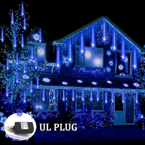 Weepong Meteor Shower Lights Outdoor Christmas Lights UL Certified Falling Rain Drop Snowfall Icicle Cascading String Light for Xmas Holiday Tree Wedding Party Garden Decor Blue, 12 Inch 8 Tubes view 5