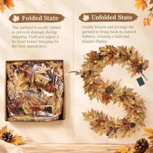 6ft Lighted Fall Garland with 30 Lights & Automatic Timer & Maple Leaves view 4