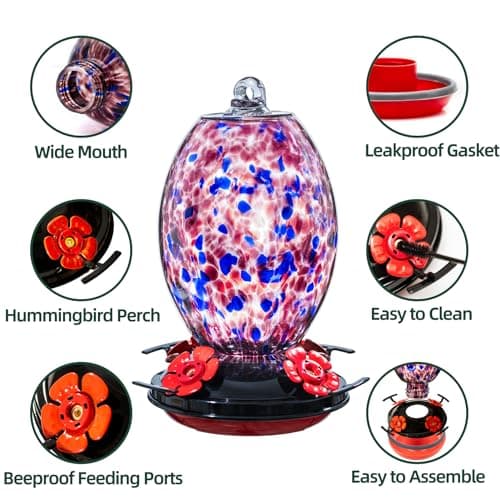 Muse Garden Glass Humming Bird Feeders for Outdoors - 27OZ Blown Glass Hummingbird Feeder - Unique Gift Mom Women Grandparents, Outdoors Hanging Garden Decor, Includes Ant Moat & Brush, Purple view 5