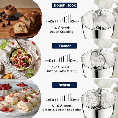Camic Stand Mixer, 4.2QT+5.3QT Two bowls Electric Food Mixer, 10 Speeds with Digital setting 3-IN-1 Kitchen Mixer for Baking Cakes Cookie Bread Salad with Egg Whisk,Dough Hook,Flat Beater (White) view 3