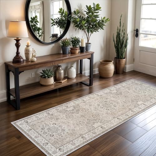 2x6 Hallway Washable Runner Rug : Vintage Soft Kitchen Laundry Runner with Non Slip Backing Farmhouse Entryway Living Room Floor Mat Stain Resistant Carpet for Bedroom Bathroom Distressed Beside Rug view 2