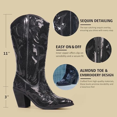 Hawkwell Women's Sequin Mid Calf Western Cowboy Boots Wide Calf High Fashion Zipper Pointed Toe Embroidered Tall Cowgirl Boots view 5